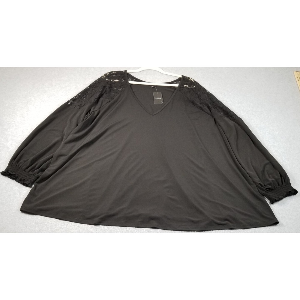Torrid Top Women's 5 5X Black V-Neck Long Sleeve Studio Knit Sheer Lace Shoulder